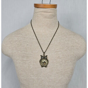 Czech Glass Pendant Necklace 19" Owl Clear & Bronze Clock Accent